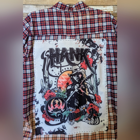 Hank Williams Jr Upcycled Handcrafted Dip Dye Bleach Flannel Shirt - Picture 7 of 16
